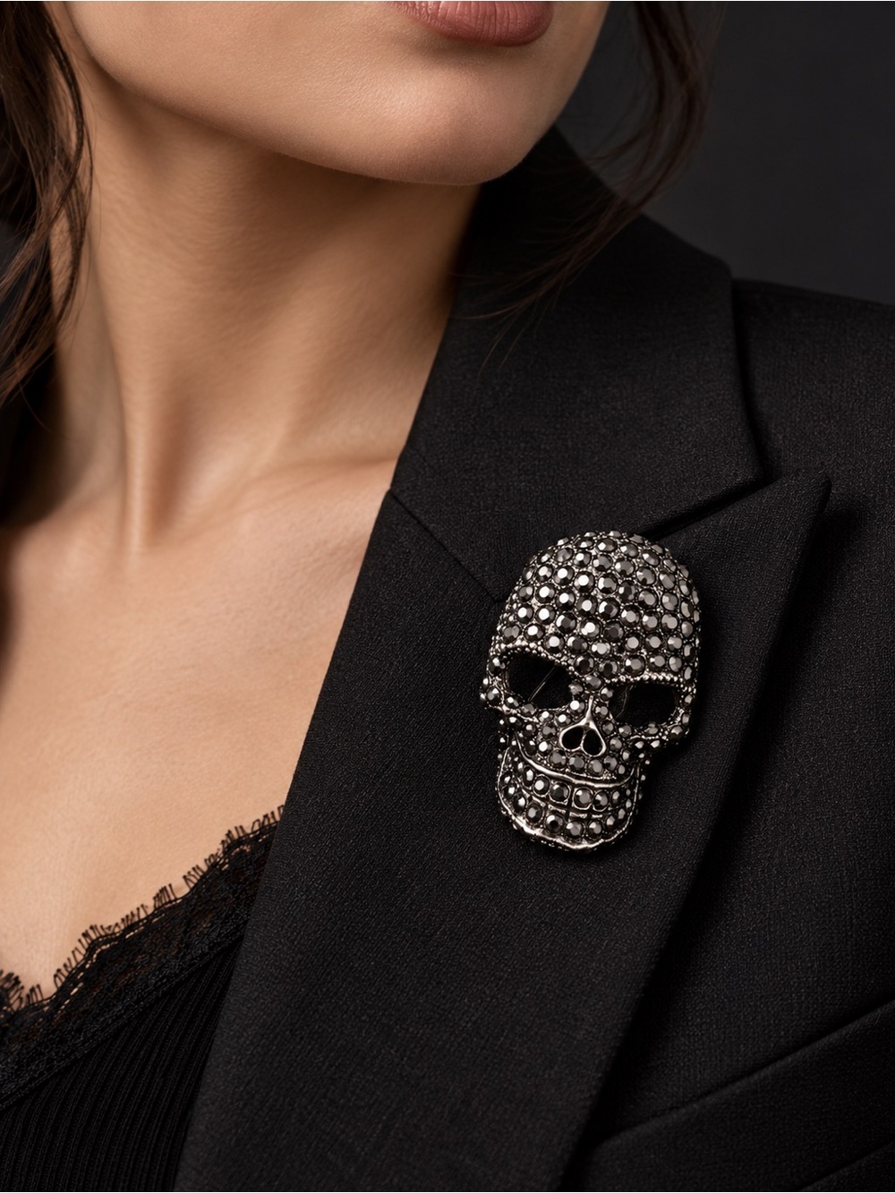 Gothic Crystal Skull Brooch